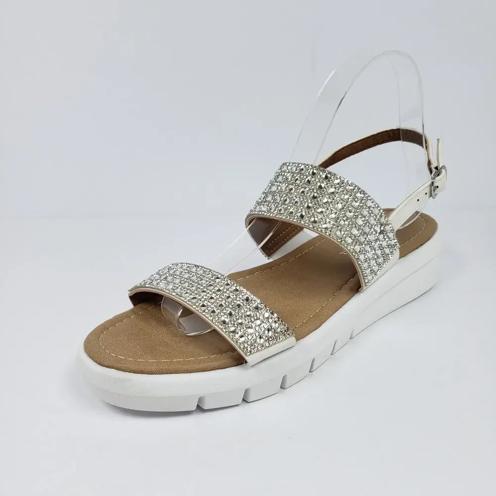Alexis Bendel Blake Womens Size 9.5 White Bling Rhinestones Wedge Sandals
